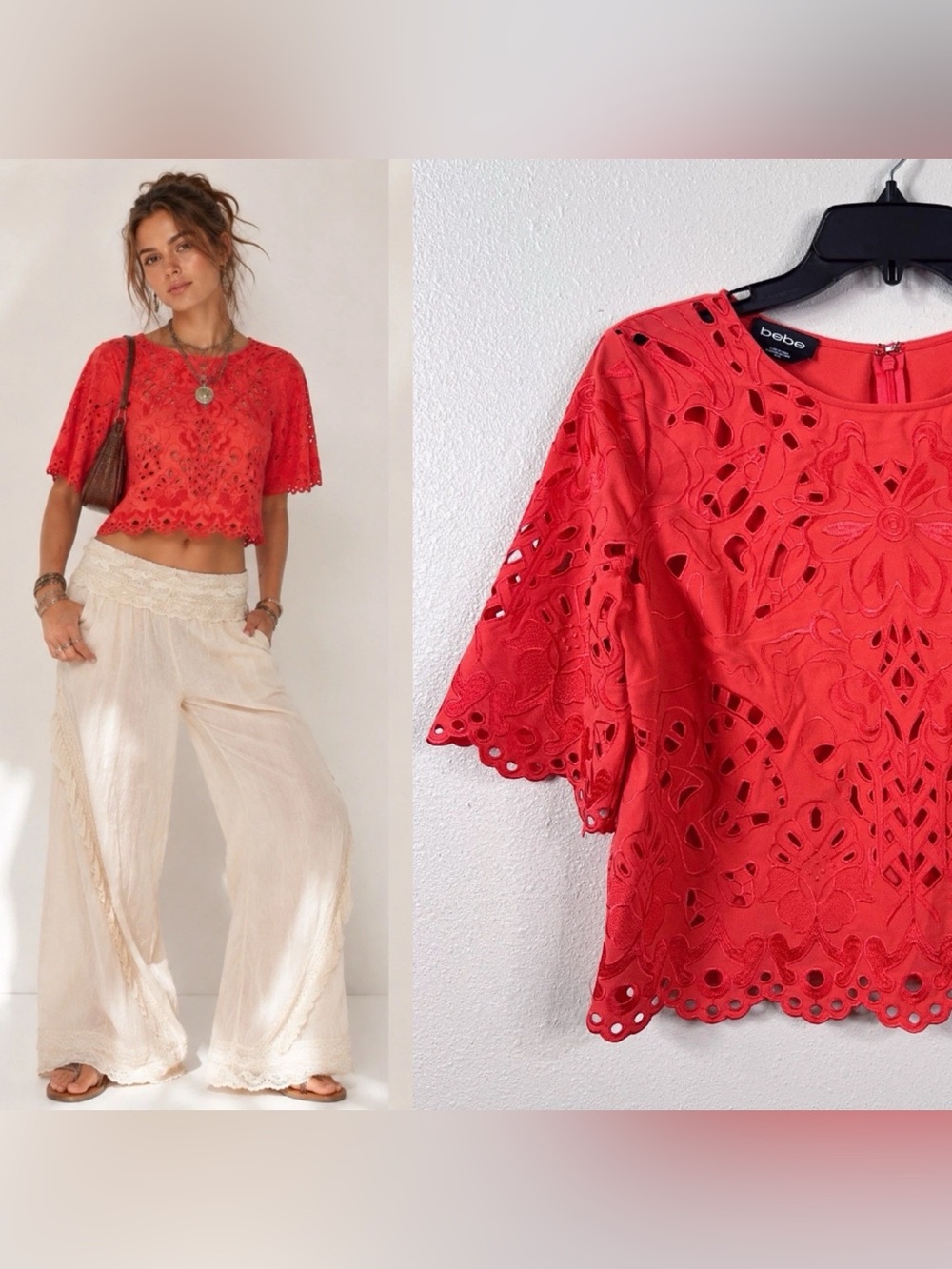 Vintage Bebe Top Medium Coral Orange Cutwork Embroidery Scalloped Hem Y2K